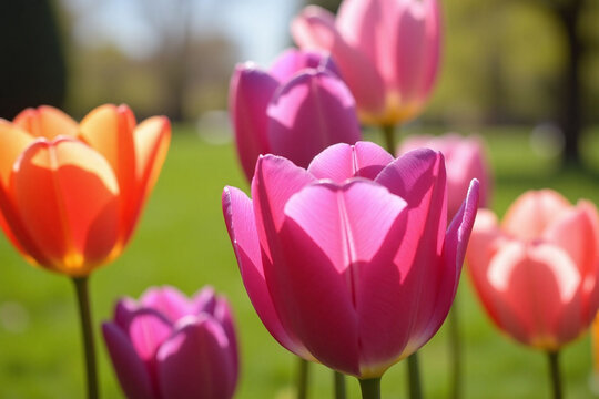 bunch of purple and pink tulips in a field of flowers