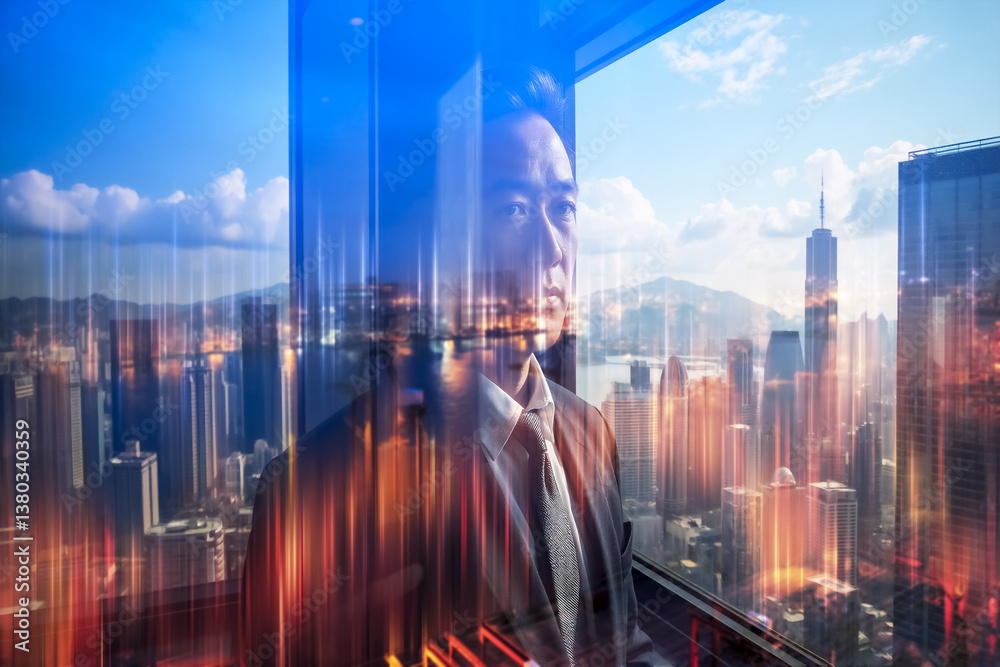 Poster a contemplative person gazes over the hong kong cityscape in a double exposure image. urban building