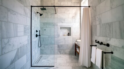 Modern bathroom featuring white marble tiles, a sleek shower, and elegant black fixtures, creating a clean and refined aesthetic.