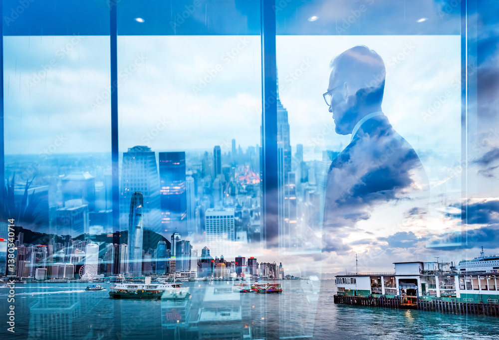 Poster double exposure artfully blends a hong kong cityscape with a contemplative figure gazing out a windo