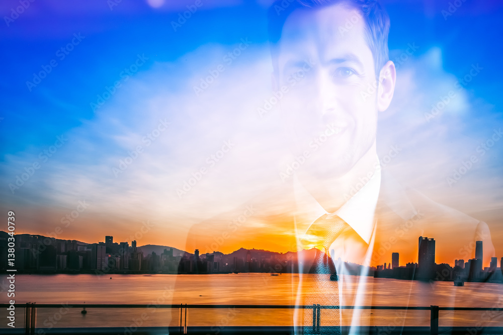 Aufkleber Double exposure portrait features a smiling man blended with a Hong Kong cityscape during sunset, creating a surreal and dreamlike visual.