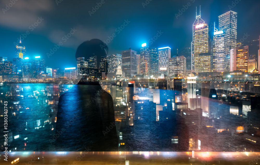 Poster Night view of Hong Kong skyline using double exposure technique, creating an ethereal and layered image of the vibrant cityscape and a figure gazing out.