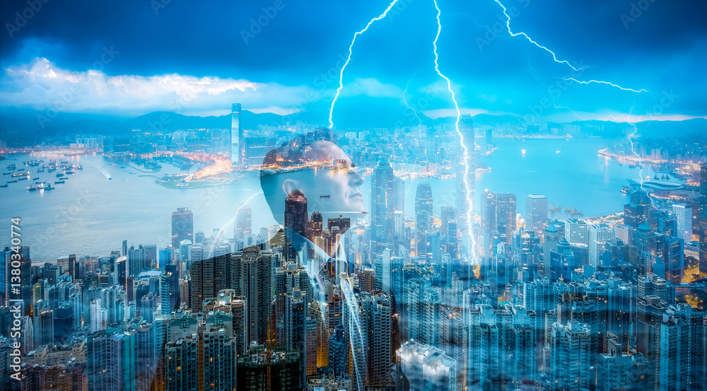 Aufkleber A double exposure of Hong Kong cityscape with lightning strikes overlaid on a person in a suit, creating a surreal and powerful urban scene.