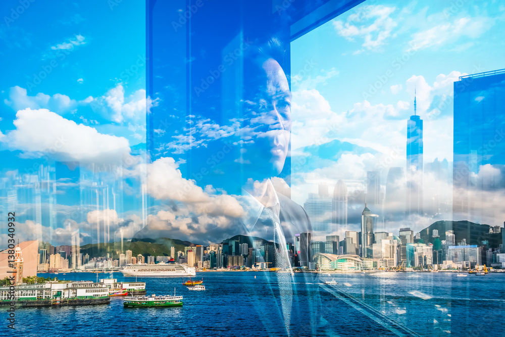 Aufkleber a double exposure image captures a person gazing out at the vibrant hong kong cityscape. the scene b