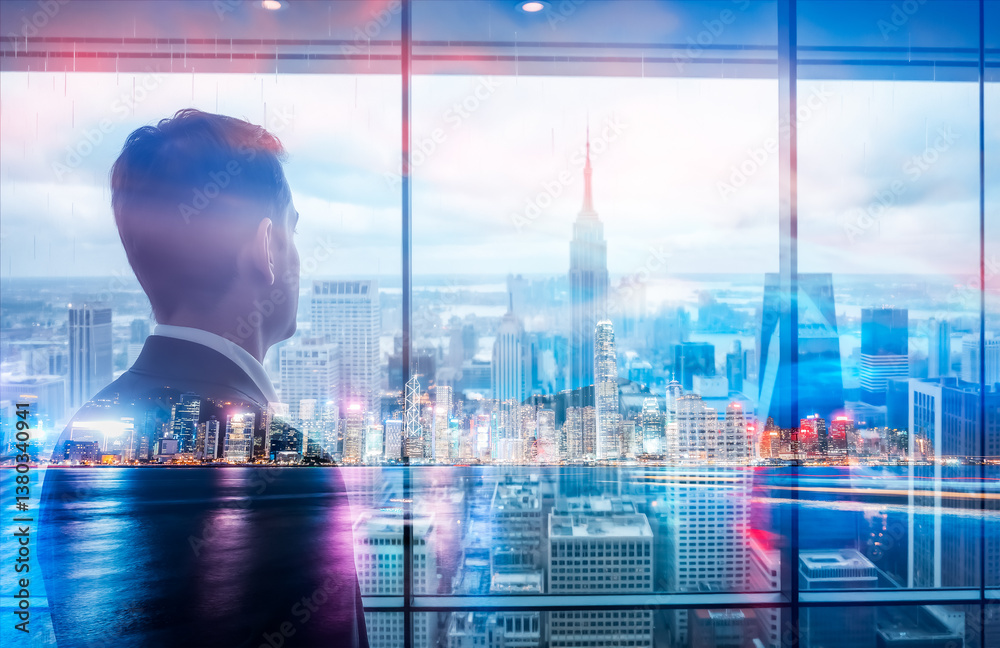 Aufkleber A suited man gazes at a Hong Kong cityscape through a window, creating a double exposure effect showing urban ambition and modern architecture.