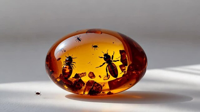 A clear yellow oval amber gemstone containing insects set against a white backdrop. Natural mineral for jewelry. Inclusions in resin. Crystal