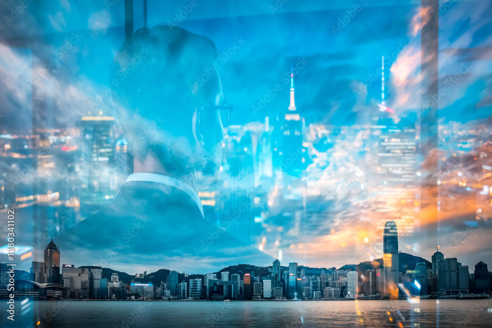 Poster hong kong skyline at dusk with a double exposure effect, blending city lights and evening sky over t