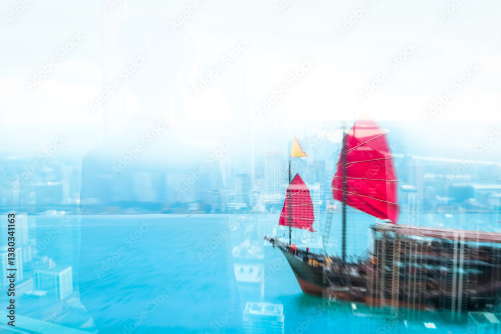 Poster hong kong harbor scene with a junk boat featuring iconic red sails. a double exposure effect merges 