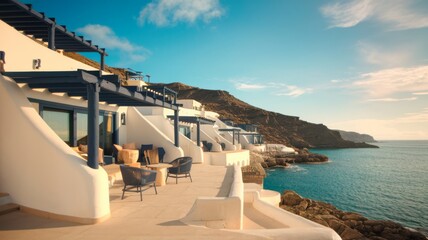 Luxury vacation rentals on a coastal hillside, featuring white buildings, blue accents, and stunning ocean views under a bright sky.