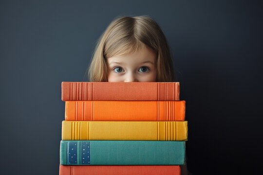 Child holding stack of colorful books