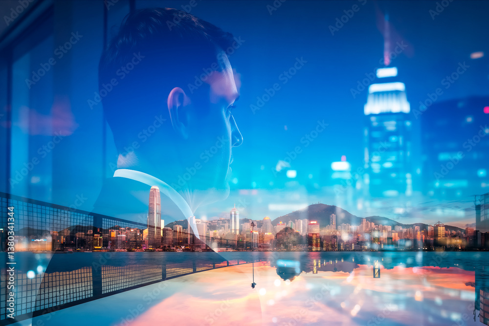 Aufkleber a contemplative person gazes over a vibrant hong kong cityscape at twilight, utilizing a double expo