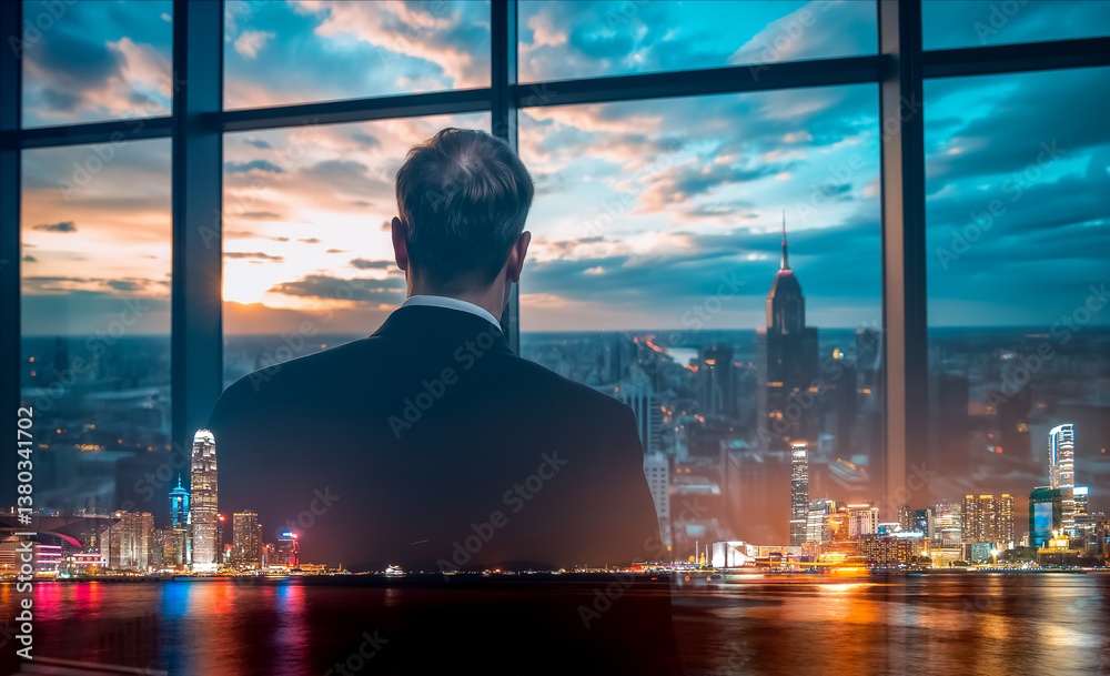 Poster A man in suit looks at Hong Kong skyline through a window, creating a double exposure effect with vibrant city lights and a colorful dusk sky.