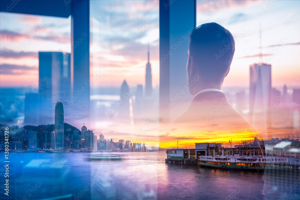Poster double exposure image of a person looking out a window onto a vibrant hong kong cityscape at sunset.