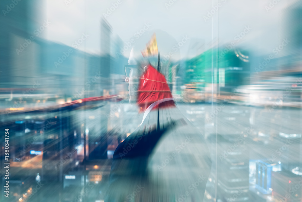 Poster hong kong harbor scene with a junk boat, rendered in a double exposure style for an abstract, dreamy
