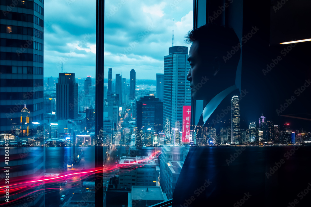 Poster a contemplative silhouette gazes over the vibrant hong kong cityscape at night, using double exposur