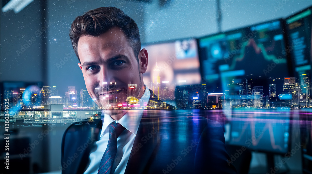Leinwandbilder Smiling businessman portrait with double exposure of Hong Kong cityscape. Financial graphs displayed on monitors in background. Modern professional look.