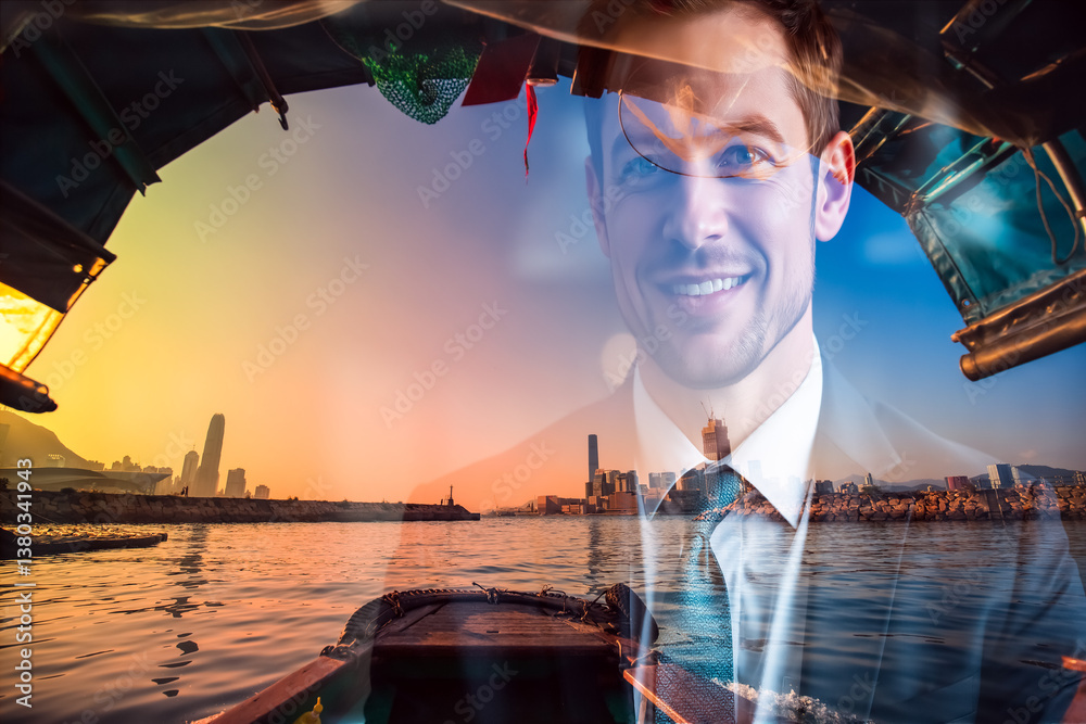 Poster a double exposure image shows a smiling man superimposed over a vibrant hong kong cityscape at sunse
