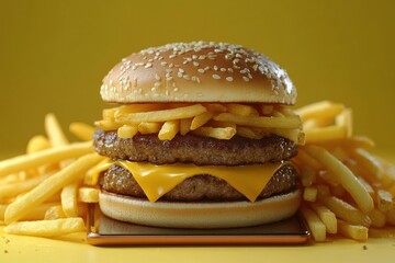 Online Food Delivery Cheeseburger and French Fries from Smartphone on Yellow Background 3D Rendering