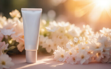 blank cosmetic bottle on background of flowers, romantic atmosphere, mockup