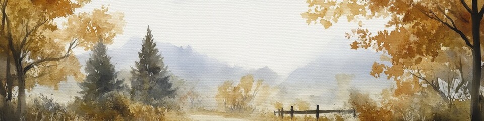 Serene autumn landscape featuring vibrant orange and yellow foliage, distant mountains under a soft sky, evoking tranquility and natural beauty, ideal for seasonal decor or relaxation themes