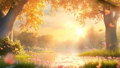 Serene autumn landscape with golden leaves reflecting in a tranquil lake, sunlight streaming through trees, and delicate petals floating on the water's surface
