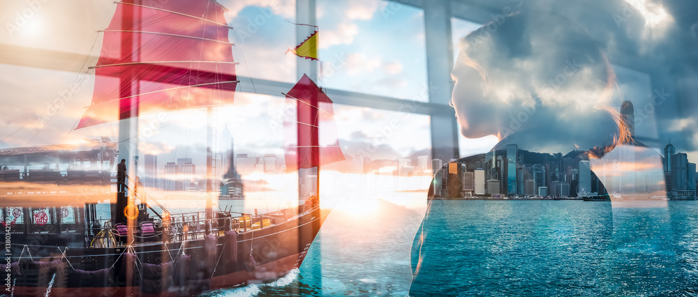 Poster double exposure of hong kong with a traditional junk boat and cityscape overlaid on a person looking