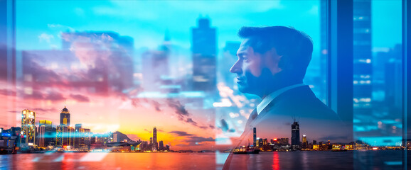 Fototapeta premium A double exposure image merging a man's silhouette with a vibrant Hong Kong cityscape at twilight, reflecting on the water.