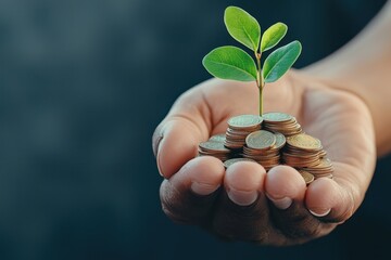 Economic growth GDP investment concept.  Growth Concept with Coins and Green Plant in Human Hand