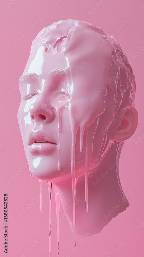 Poster a striking representation of emotion, a lifelike head drips with glossy pink substance against a vib