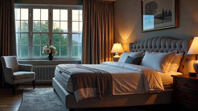 A bed with a white comforter and a brown blanket. A lamp is on the nightstand