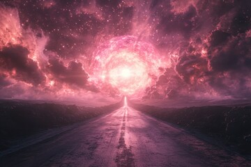 Cosmic road leading to a vibrant celestial event under swirling clouds