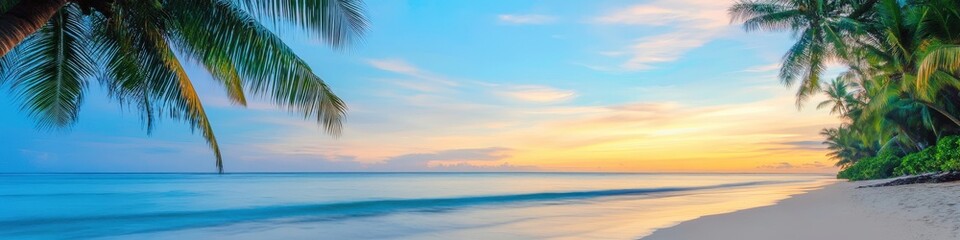 Serene beach at sunset with gentle waves lapping the shore, framed by lush palm trees and a colorful sky, creating a tranquil atmosphere ideal for relaxation and vacation imagery