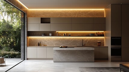 Sleek kitchen corner design with full-height cabinet wall, floating vertical shelves, stone backsplash, and minimal accessories creating an uncluttered, elegant look.