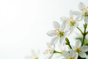 Obraz premium Delicate white blossoms against pure white backdrop, close-up, freshness