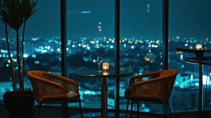 Fototapeta premium Two chairs facing a table with city lights in background