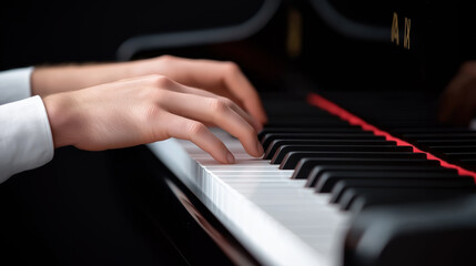 Obraz premium Fingers dancing over piano keys during an evening performance