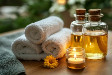 Tranquil Spa Setting with Essential Oils and Candles