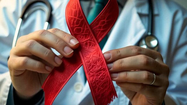 A doctor's hand holding a red ribbon for the concept of AIDS.