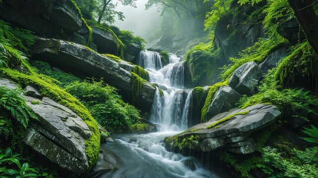 A flowing waterfall cascades over rocks covered in moss, enveloped by abundant greenery.