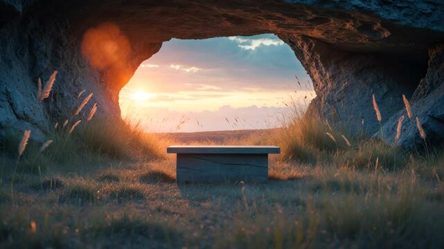 Easter Sunday idea Wooden table featuring an empty tomb stone with a meadow backdrop.