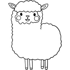Farm theme, Cute cartoon llama illustration with a fluffy body and cheerful expression. Outline for coloring .