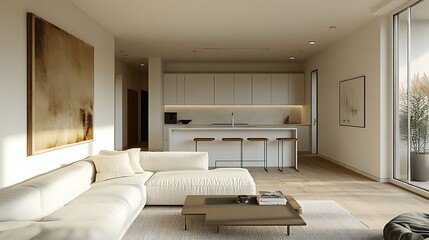 Sleek kitchen corner flowing into minimalist living room, white and sand color palette, smart lighting, natural wood floors, abstract art adding subtle contrast. Created Using: clean layout design,