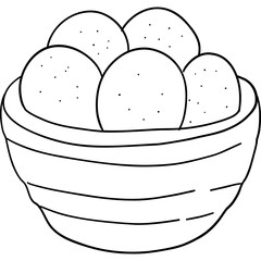 Farm theme, Bowl filled with eggs, simple line drawing. Outline for coloring .