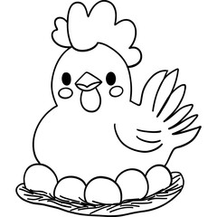 Farm theme, Cute chicken sitting on eggs, perfect for coloring activities. Outline for coloring .