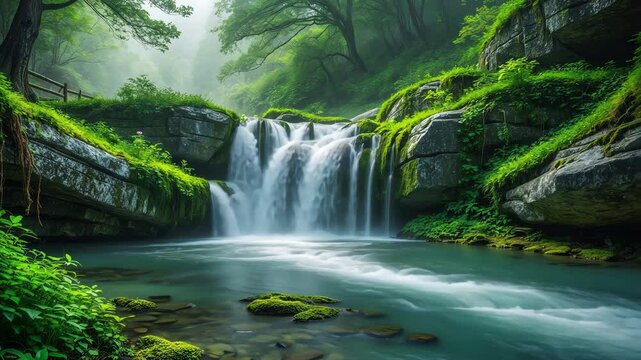 A flowing waterfall cascades over rocks covered in moss, enveloped by rich greenery.
