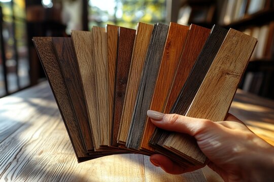 wooden flooring samples held by hands in natural light with texture and detail showcasing oak parquet boards