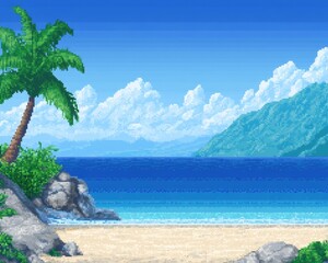 Serene tropical beach scene featuring lush palm trees, soft sandy shore, and vibrant blue ocean with distant mountains under a clear sky, ideal for relaxation and travel promotion