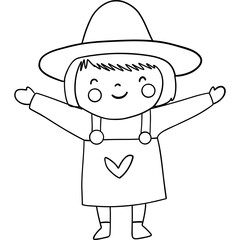 Farm theme, Cheerful cartoon character with a big hat and heart, arms wide open in a friendly gesture. Outline for coloring .