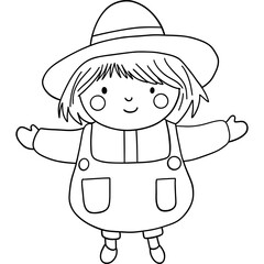 Farm theme, A cheerful cartoon character in a hat and overalls, arms outstretched, invites engagement. Outline for coloring .