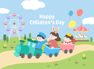 장난감 기차와 즐거운 어린이들 그리고 배경에 관람차와 회전목마